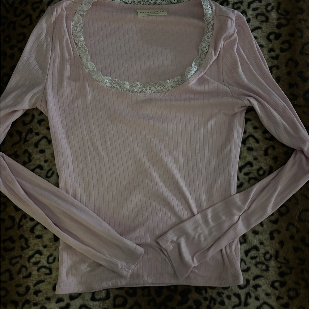 Elegant Light Pink Lace Trim Blouse